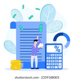 Flat vector illustration of payroll and employee payroll reports. Calculation of company income, tax revenue and budget planning.