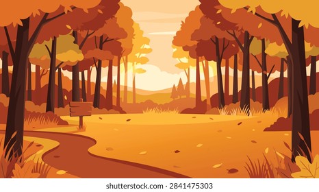 A flat vector illustration of a peaceful autumn forest with a winding path, falling leaves, and a wooden signpost under a warm sunset sky.