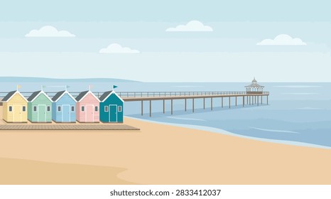 A flat vector illustration of a peaceful beach scene featuring colorful beach huts lined up next to a long wooden pier extending into the calm sea.