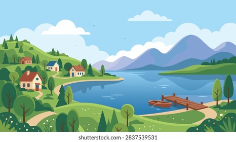 A flat vector illustration of a peaceful lakeside village with small houses, green hills, mountains, and a wooden pier with a boat.
