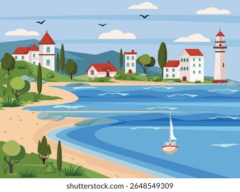 Flat vector illustration of a peaceful Mediterranean coastal town with white houses, red roofs, and a tall lighthouse overlooking the sea