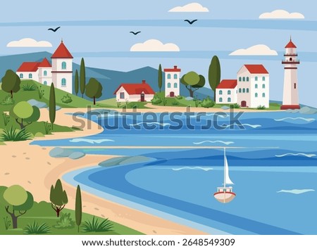 Flat vector illustration of a peaceful Mediterranean coastal town with white houses, red roofs, and a tall lighthouse overlooking the sea