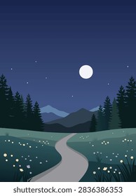 A flat vector illustration of a peaceful night landscape featuring a winding path through a flower meadow, pine trees, distant mountains, and a full moon.