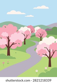 A flat vector illustration of a peaceful spring landscape featuring a winding path through a field of blooming cherry blossom trees under a blue sky.