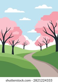 A flat vector illustration of a peaceful spring landscape featuring a winding path through green hills and blooming cherry blossom trees under a blue sky.