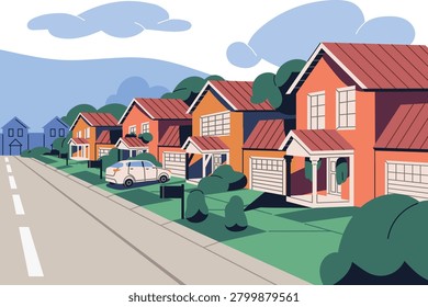 Flat vector illustration of a peaceful suburban neighborhood street lined with a row of modern colorful houses, green lawns, trees, and a parked car under a cloudy sky, representing real estate and residential community living.