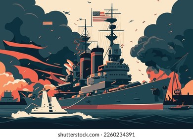 flat vector illustration of pearl harbor attack scene. 