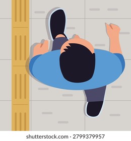 Flat vector illustration of a pedestrian walking on a city sidewalk from a top view perspective, representing urban mobility, commuting, and daily life.
