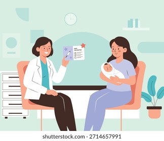 Flache Vektorgrafik eines Kinderarztes, der mit einer Mutter, die ihr Kind hält, über ein Impfprotokoll spricht. Eine freundliche Szene im Gesundheitswesen für Impfungen und Themen der Kindergesundheit.