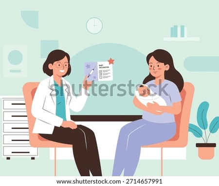 Flat vector illustration of a pediatrician discussing a baby vaccination record with a mother holding her infant. Friendly healthcare scene for immunization and child health topics.