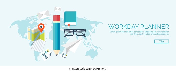 Flat vector illustration. Pencil, book, map and letter. Workday planner. Management.