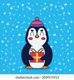 flat vector illustration of a penguin gift from santa claus