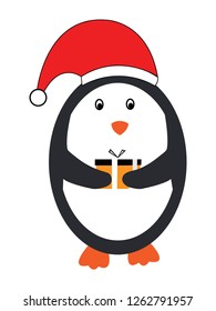 Flat vector illustration of penguin holding gift