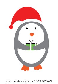 Flat vector illustration of penguin holding gift