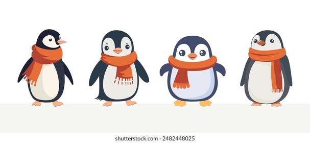 Flat  vector illustration of a penguin wearing a scarf isolating on white background.