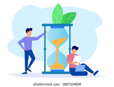 Flat vector illustration, people around the hourglass, time management concept, quick response.