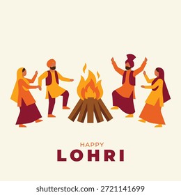 Ilustração vetorial plana de pessoas celebrando o festival de Lohri, dançando em torno da fogueira