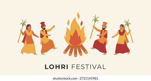 Ilustração vetorial plana de pessoas celebrando o festival de Lohri, dançando em torno da fogueira