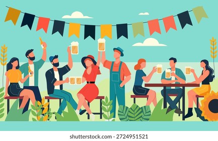 Flache Vektorgrafik von Menschen, die gemeinsam auf einem Festival im Freien feiern. Eine Gruppe von Freunden, die an Tischen sitzen und in entspannter Sommeratmosphäre Gläser erheben. Konzept der Freizeit und sozialen Zusammenkunft.