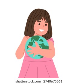 Flat vector illustration of people and children holding and hugging planet Earth. Modern minimal style with soft colors and clean shapes. Concept represents environmental awareness, sustainability, climate action, global unity, Earth Day, eco responsibility, and planet protection. Ideal for educational materials, green campaigns, NGO promotions, sustainability projects, social media graphics, posters, and environmental branding.