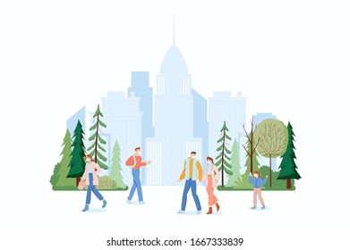 Flat vector illustration. People in the city wearing medical face masks. Coronavirus in the city. Protection against pollution or infection. Concept for quarantine.Walking outdoor Wuhan. Modern city. 