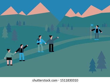 Flat vector illustration of people climb the mountains with guide who stand on top and wait with flag. Hill trip. Summer landscape background with someone conquer the peak. Poster in minimal style.