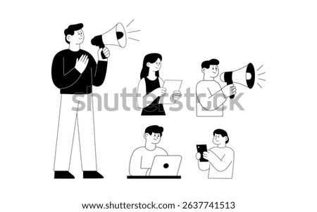 Flat vector illustration of people communicating using megaphones, reading documents, working on laptops, and using smartphones. Simple monochrome style, ideal for topics like communication, teamwork,