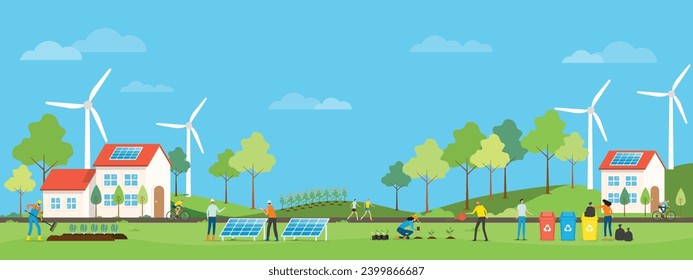 ilustración vectorial plana Personas que cooperan para el concepto de desarrollo y protección de la sostenibilidad ambiental. con planta a árbol , reciclar y usar energía solar