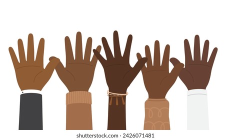 Flat vector illustration of people with dark skin tone raising their hands. Black history month and Juneteenth concept.