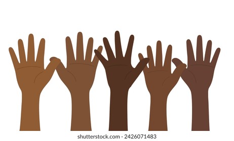 Flat vector illustration of people with dark skin tone raising their hands. Black history month and Juneteenth concept.