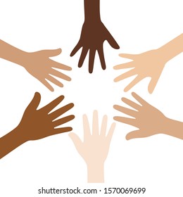 Flat vector illustration of people with different skin colors putting their hands together. Unity concept.