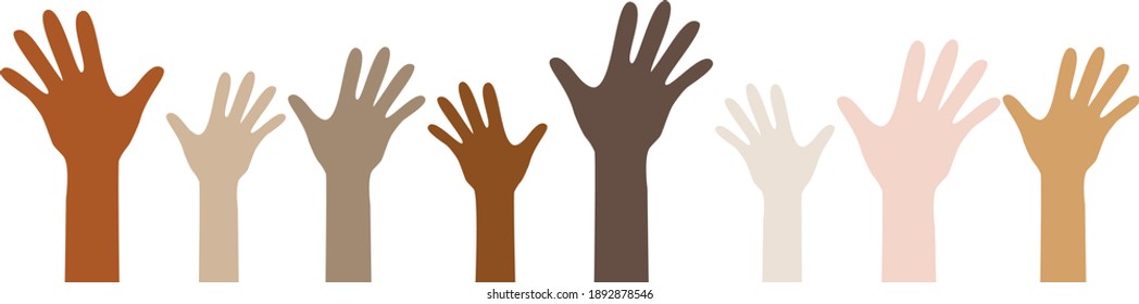 Flat Vector Illustration Of People With Different Skin Colors Raising Their Hands. Unity Concept.