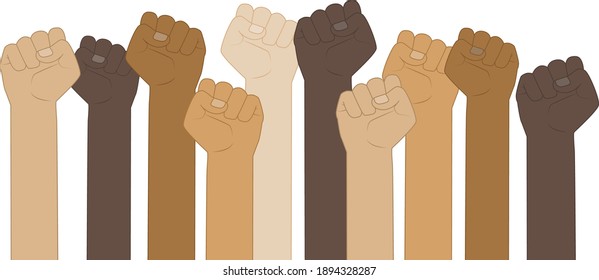 Flat vector illustration of People with different nationalities and races raise up fists. Protest, stop racism, equality concept. Human hands with clenched fists.