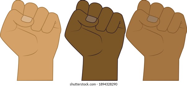Flat vector illustration of People with different nationalities and races raise up fists. Protest, stop racism, equality concept. Human hands with clenched fists.