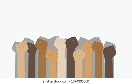 Flat vector illustration of People with different nationalities and races raise up fists. Protest, stop racism, equality concept. Human hands with clenched fists.