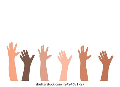 Flat vector illustration of people with different skin colors raising their hands. Unity concept.