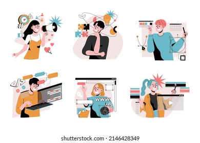 Flat vector illustration of people in digital marketing and content creator industrial concept. Influencer, Creative, Graphic designer, Programmer, Web developer, Editor. Occupation, Job set.  