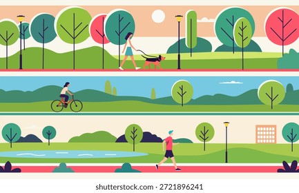 Ilustração de vetor plano de pessoas que realizam atividades ao ar livre em um parque da cidade. Cão andando, andando de bicicleta e correndo na paisagem verde urbana. Conceito de estilo de vida ativo, recreação e lazer.