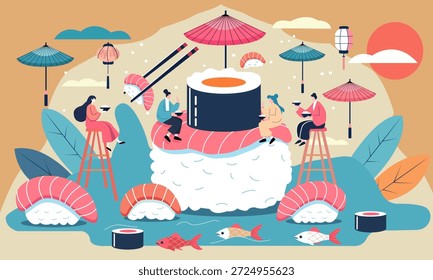 Ilustración vectorial plana de personas comiendo sushi juntas en un ambiente de restaurante japonés estilizado. Concepto de comida tradicional con palillos, rollos y decoración asiática. Adecuado para temas de comida y cultura.