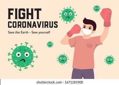 Flat vector illustration people fight covid-19 coronavirus disease. Cure corona viruses. 2019-nCoV. Boy wearing face mask and gloves against Wuhan virus concept. 