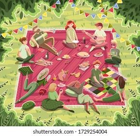 Flat vector illustration of people having picnic at the park during spring or summer. 
Bundle of happy men and women eating meals and drinks outdoors.Set of friends, families and couples having lunch.