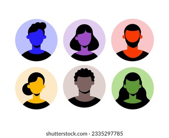 Flat vector illustration of people, head portrait, round multicolor user avatars. Man and woman profile. Good use for userpic and profile picture.