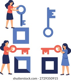 Ilustración vectorial plana de personas que sostienen llaves y desbloquean candados, que simbolizan el acceso, la seguridad, la resolución de problemas, el trabajo en equipo y el concepto de solución empresarial.