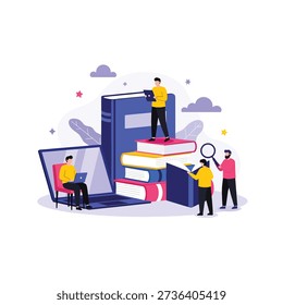 Flat vector illustration of people learning with books and technology. Concept for online education, research, personal development, and knowledge acquisition.