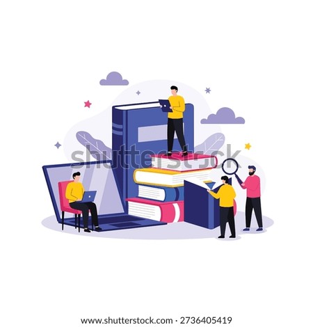 Flat vector illustration of people learning with books and technology. Concept for online education, research, personal development, and knowledge acquisition.