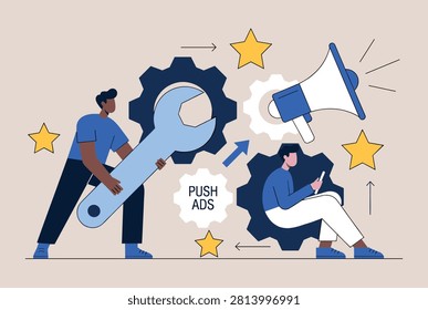 Flat vector illustration of people optimizing and managing push advertising campaigns with megaphone and gear icons.