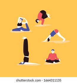Flat vector illustration of people practicing yoga poses