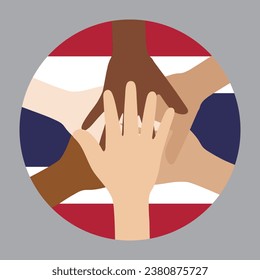 Flat vector illustration of people raising their hands on Thailand flag background. Unity concept.