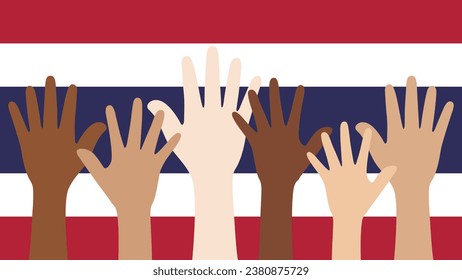 Flat vector illustration of people raising their hands on Thailand flag background. Unity concept.