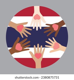 Ilustración vectorial plana de personas levantando la mano sobre el fondo de la bandera de Tailandia. Concepto de unidad.